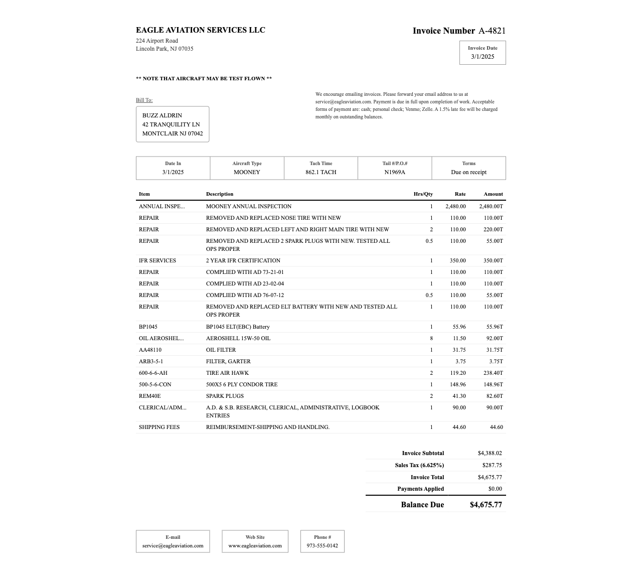 Annual inspection invoice from maintenance shop