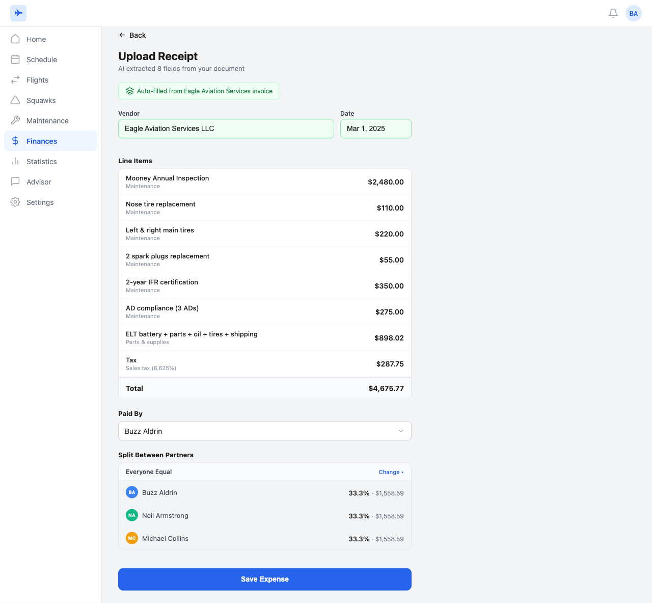 AI auto-extracted expense with line items and partner split