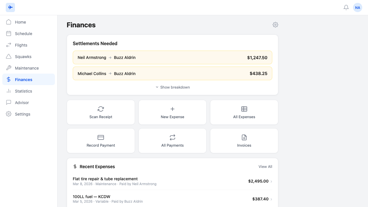 Finance dashboard showing partner balances and expenses