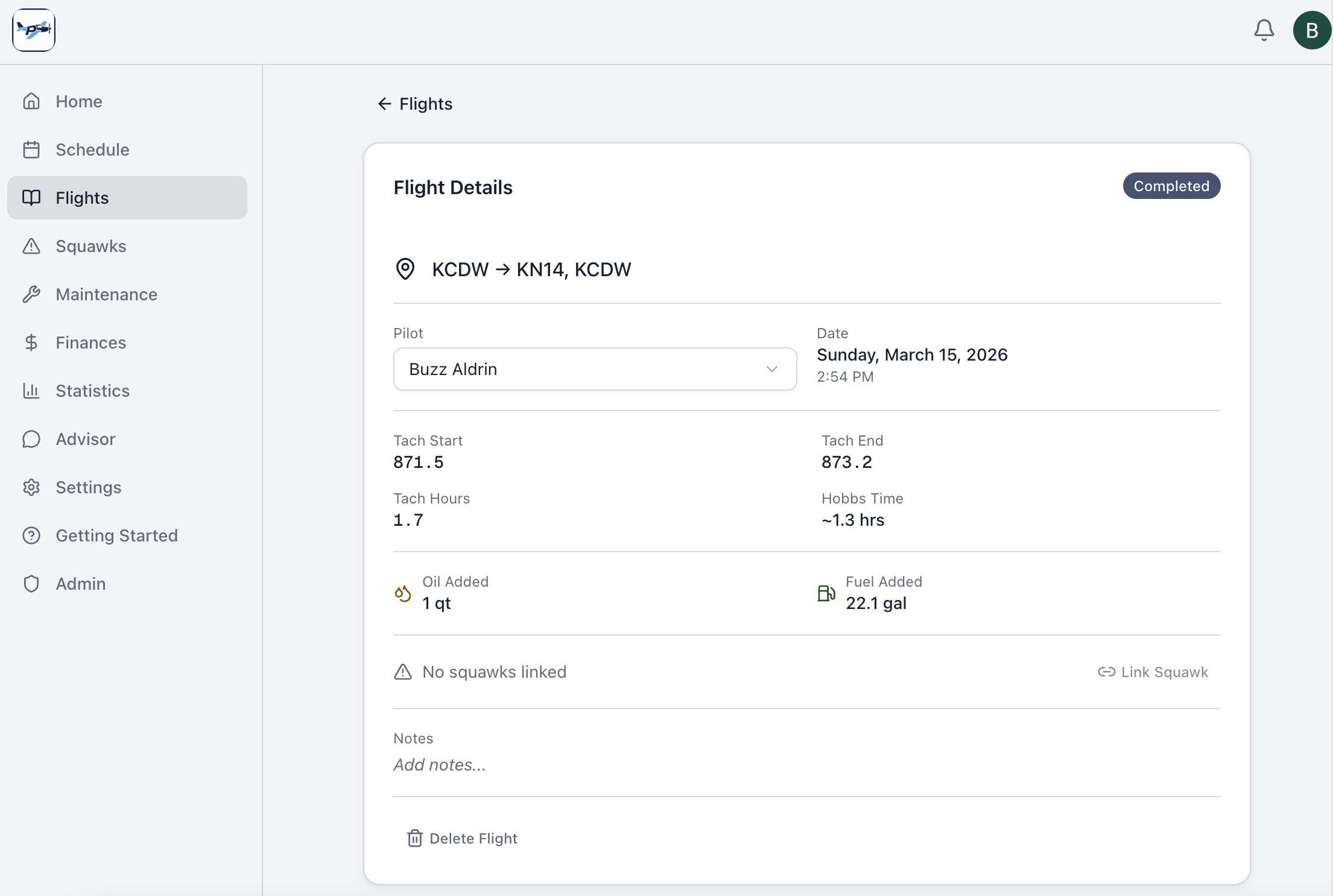 Flight detail page with route, tach times, oil, and fuel
