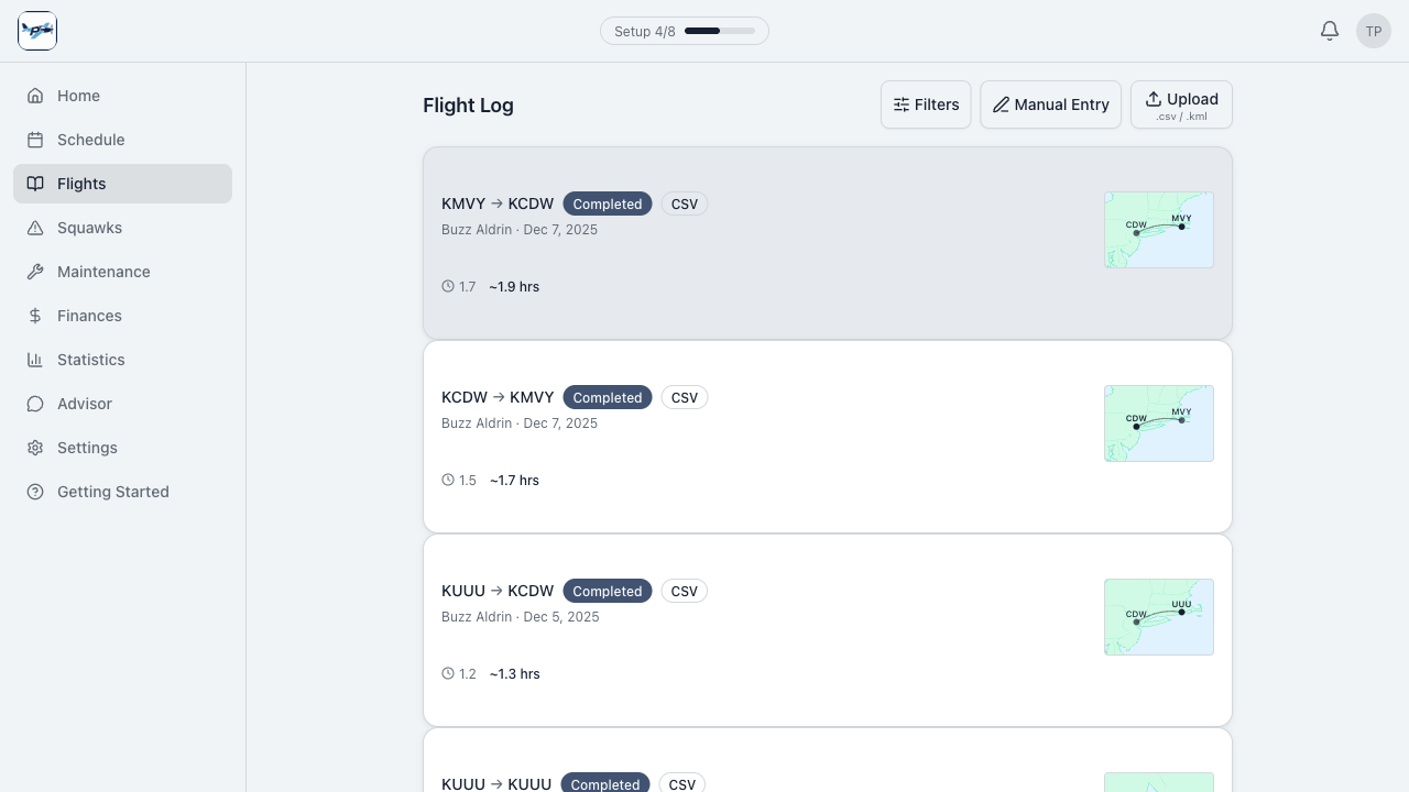 Flight log with route maps and flight details