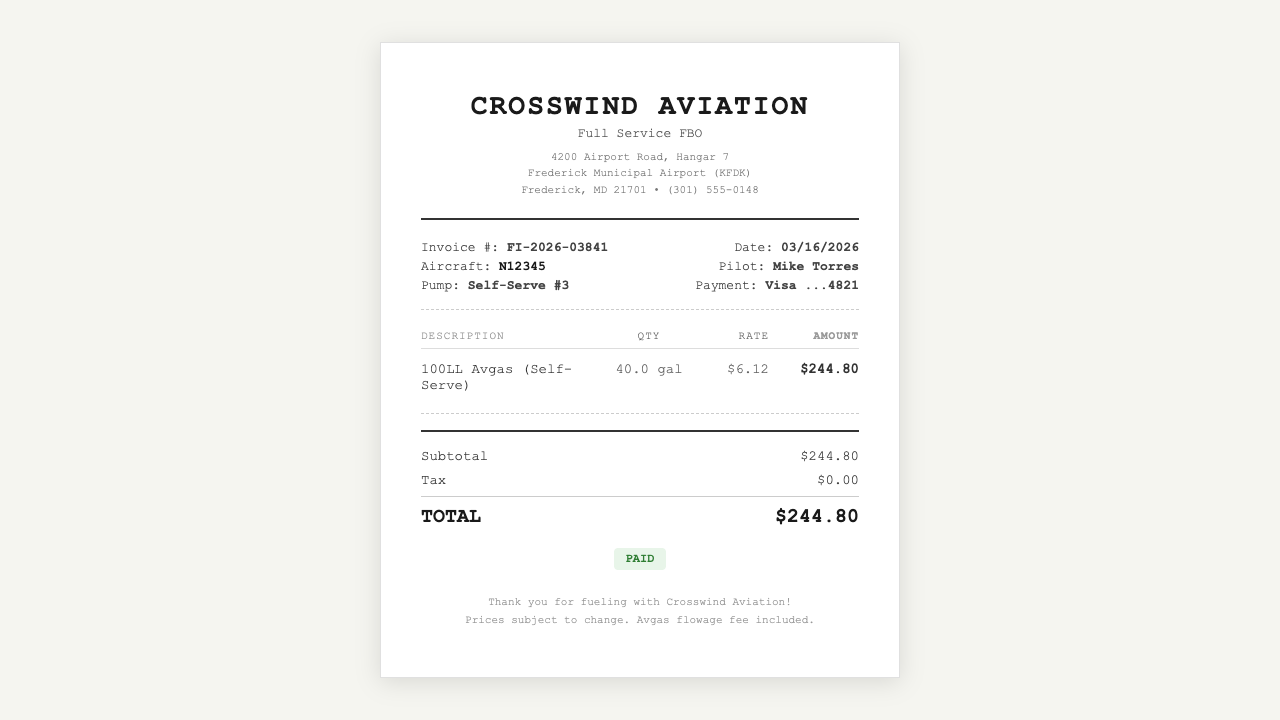 Fuel receipt from Crosswind Aviation for 40 gallons of 100LL