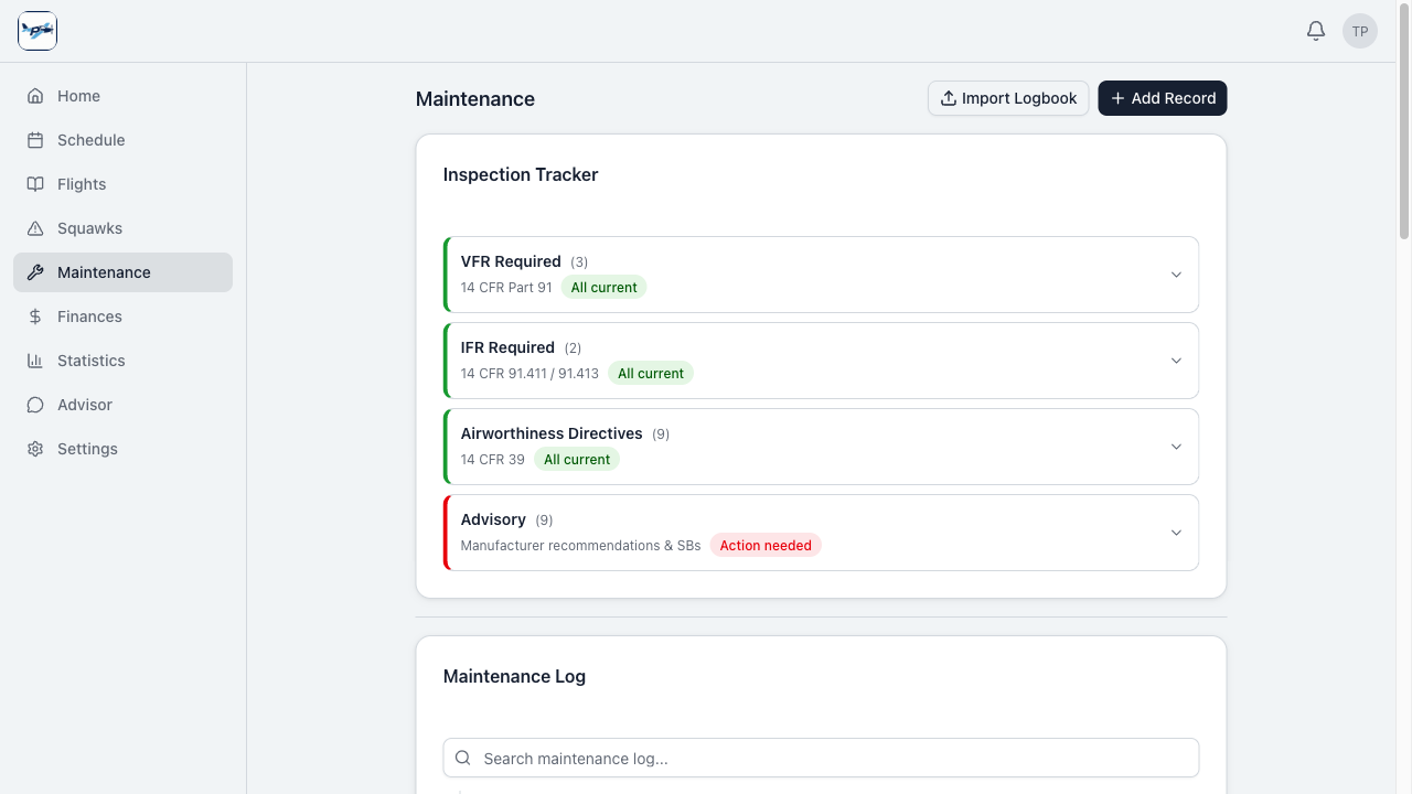 Inspection tracker showing AD compliance status