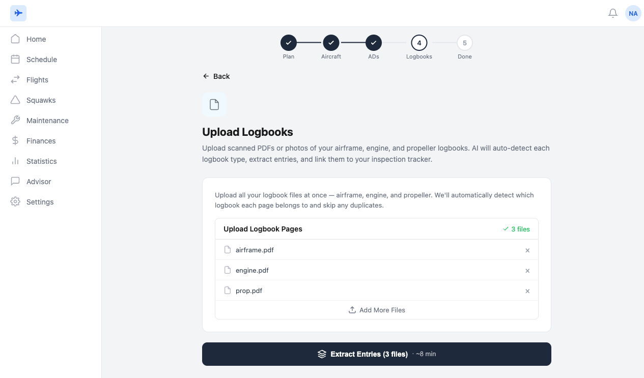 Uploading airframe, engine, and propeller logbook PDFs