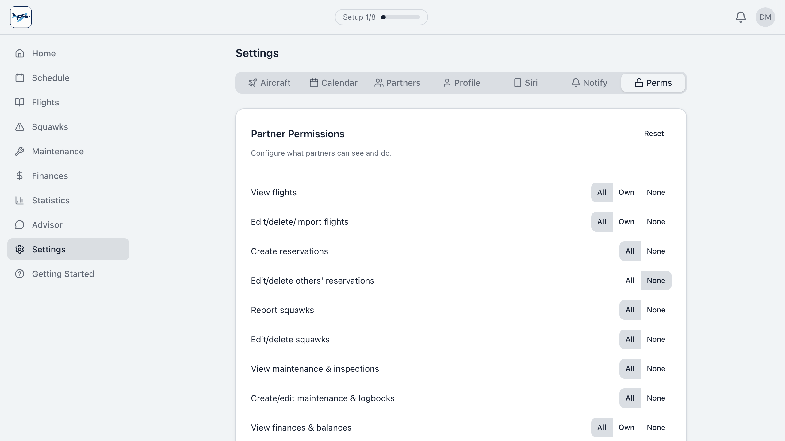 Configurable partner permissions with all, own, or none access levels