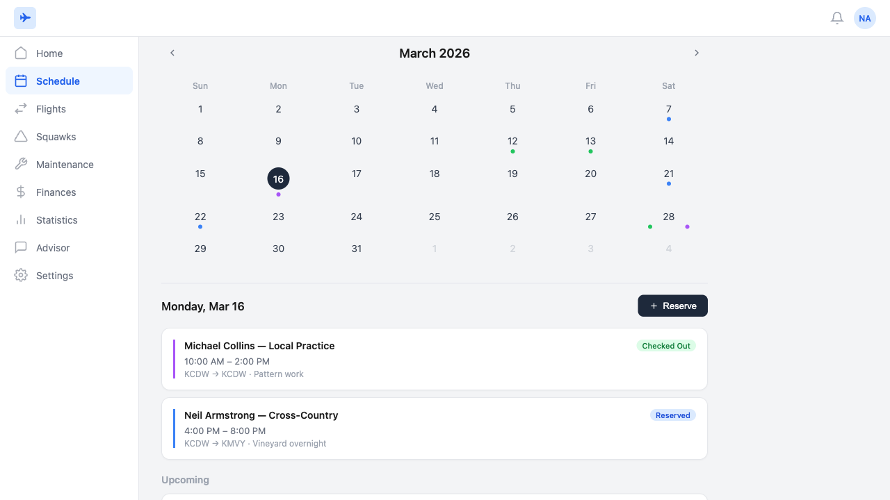 Monthly calendar view with reservation management